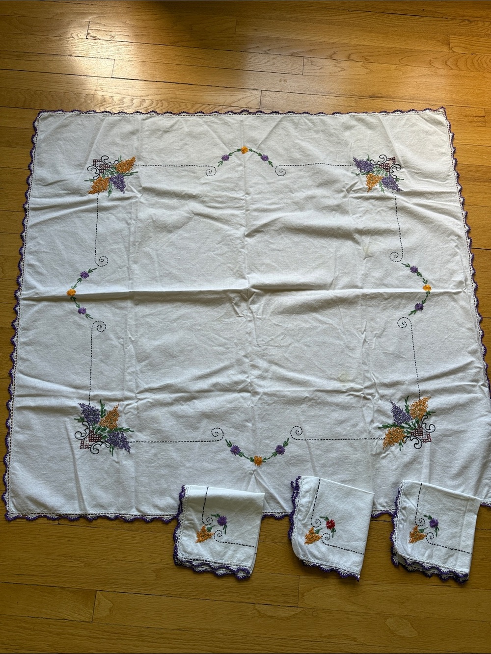 Hand-Embroidered White Tablecloth with Purple & Gold Floral Accents